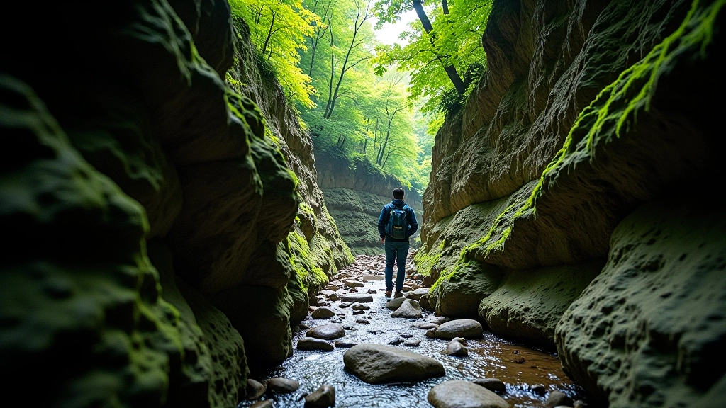 Narrow canyon pathway between tall rocky cliff walls with water features and lush vegetation