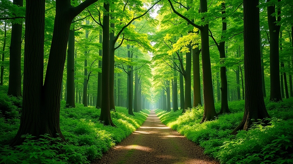 Dense forest canopy with mature trees creating a shaded woodland path through natural landscape