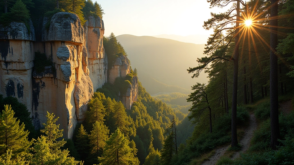 Scenic sandstone rock formations towering above a winding forest trail through Czech countryside