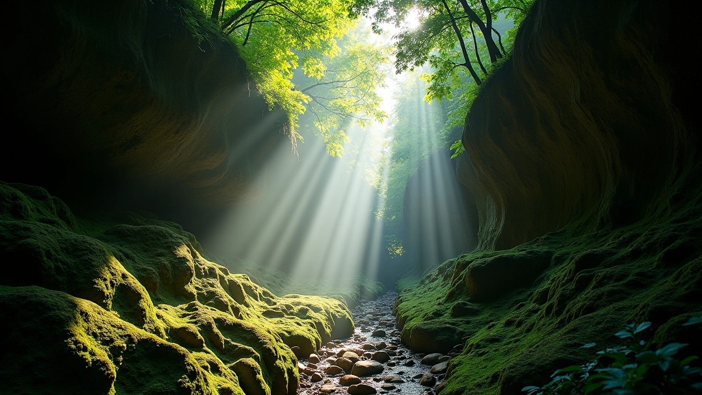 Sunlight filtering through forest canopy above a narrow rocky canyon passage with vegetation