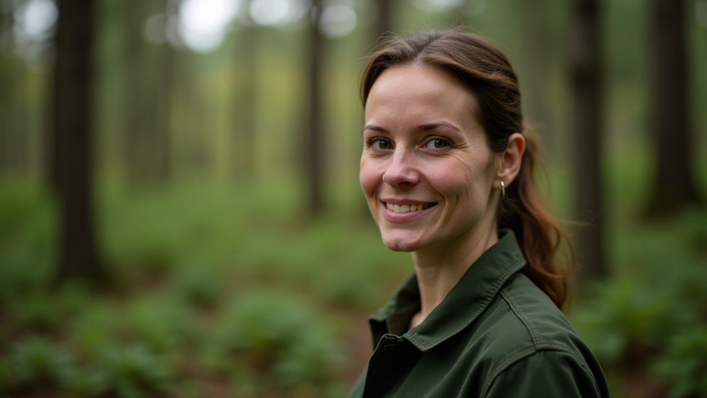 Professional portrait of female forest ecologist, outdoor natural setting, chest-up view