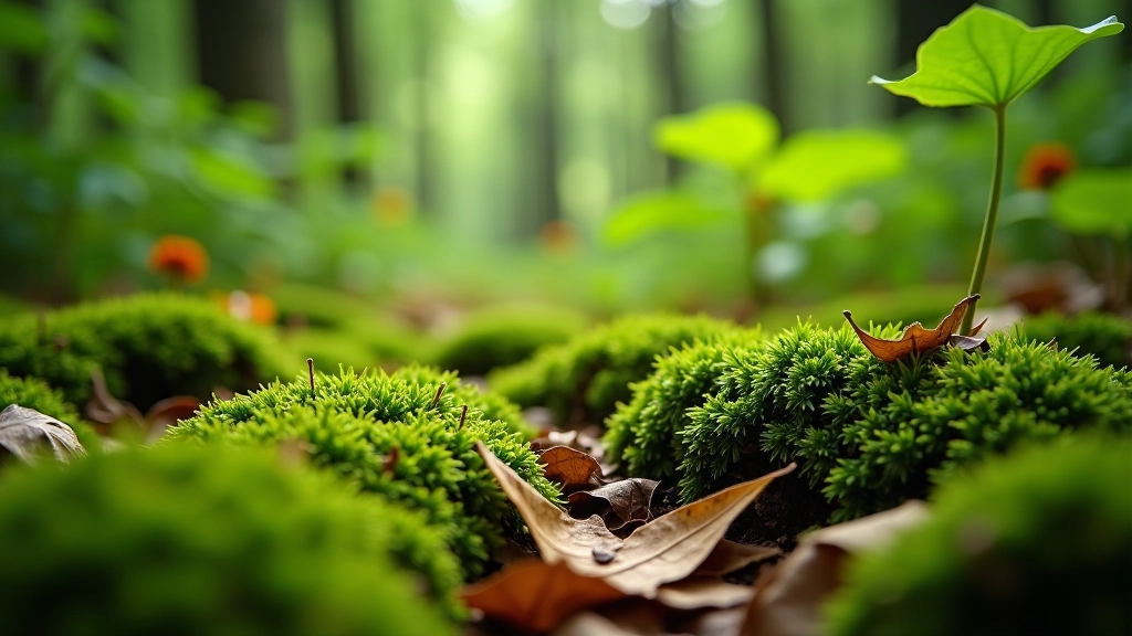 Forest floor with moss, fallen leaves, and small wildflowers including wood anemones and forest plants in natural habitat