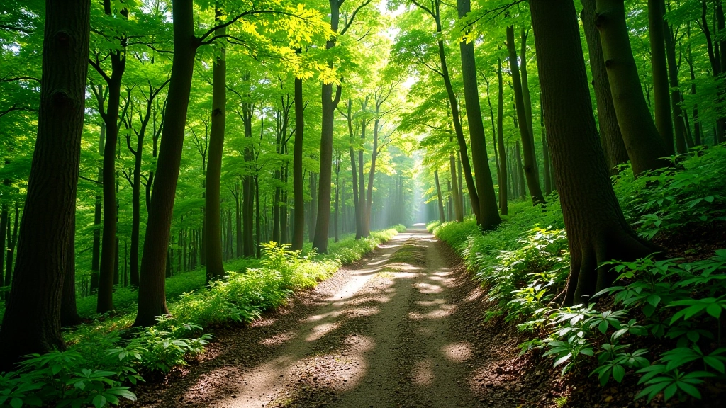 Hiking trail through beech forest with dappled sunlight on forest floor, well-marked path leading uphill