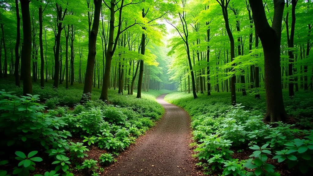 Forest trail winding through dense old-growth woodland with mature trees creating canopy shade