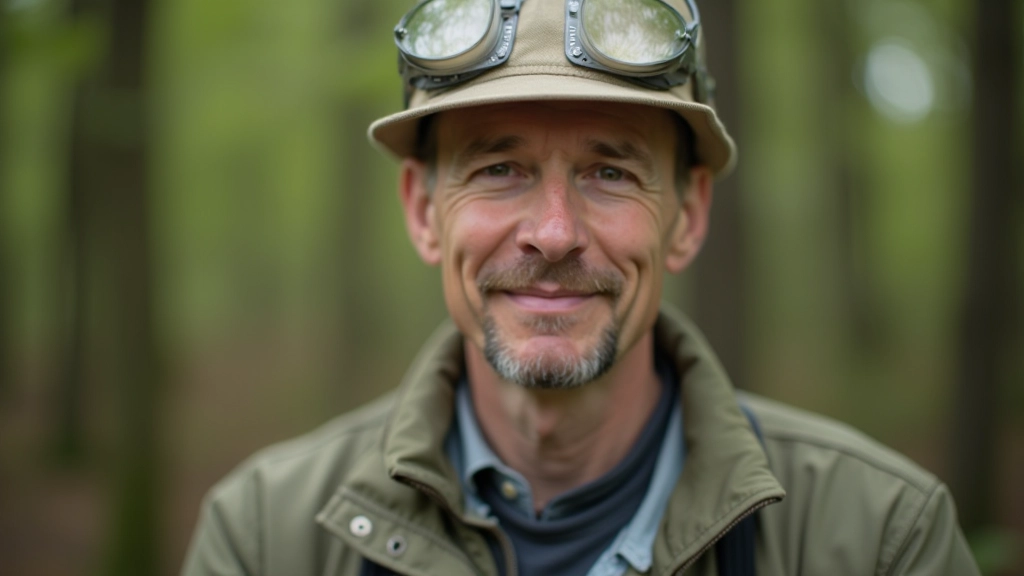 Professional headshot of male geologist with geological background, portrait from chest up