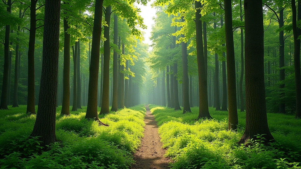 Forest management showing carefully spaced mature trees with controlled undergrowth and healthy woodland structure