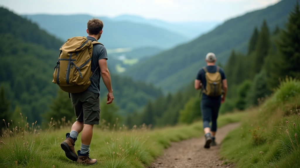 Hiker on mountain trail with backpack, looking out over forested valley landscape, wearing proper hiking gear