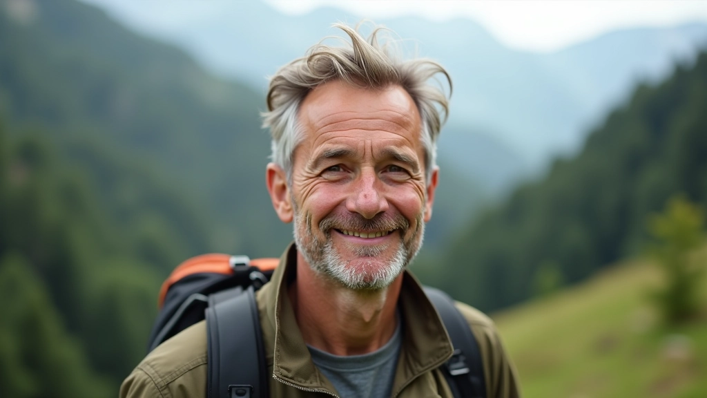 Professional headshot of male hiking guide with outdoor background, chest-up portrait
