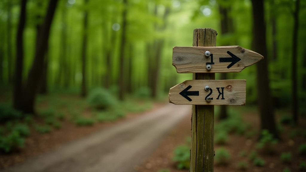 Trail marker sign on a wooden post with directional arrows painted in white and red, forest path in background