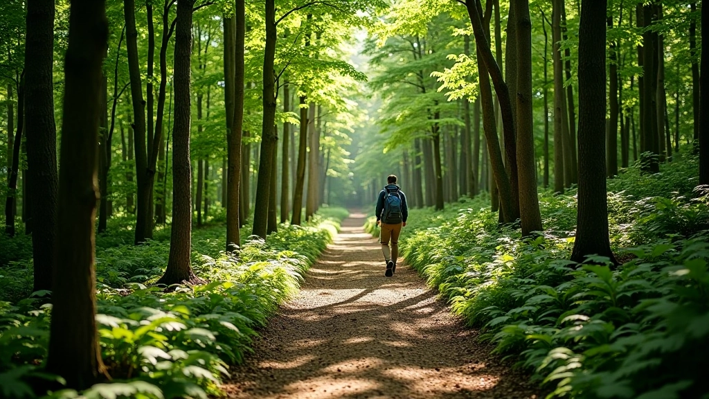 Well-maintained hiking trail winding through dense woodland with directional markers on trees and varied terrain underfoot