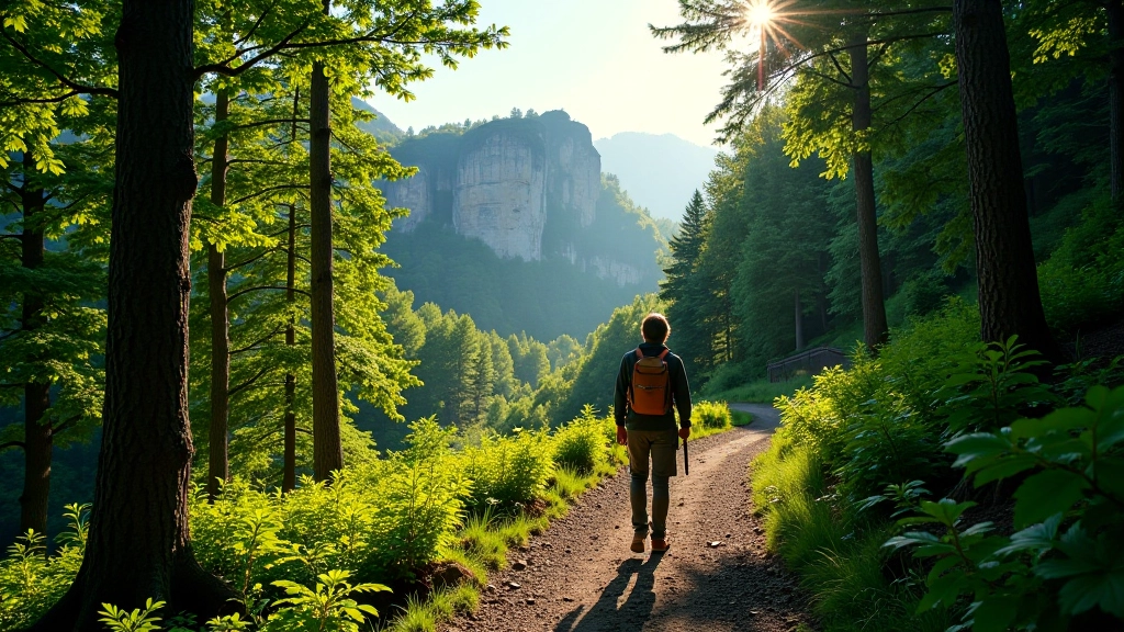 Winding hiking trail through forested valley with distant sandstone rock formations visible above treeline