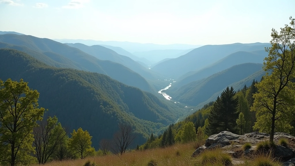Scenic overlook of canyon landscape with rolling hills and distant forests under clear sky