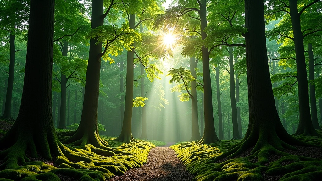 Sunlight filtering through tall mature beech and spruce trees creating a serene forest corridor with moss-covered ground