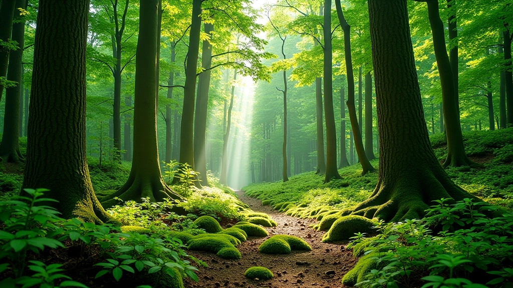 Dense mixed forest of beech and conifer trees with moss-covered ground and filtered green light