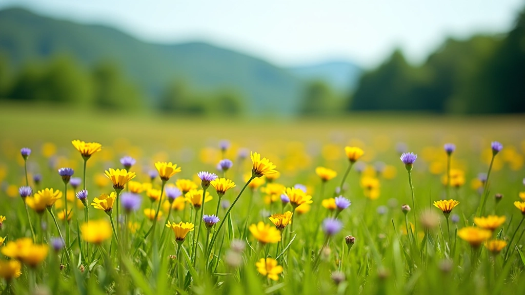 Wildflowers blooming on open moorland with green forest backdrop and clear blue sky