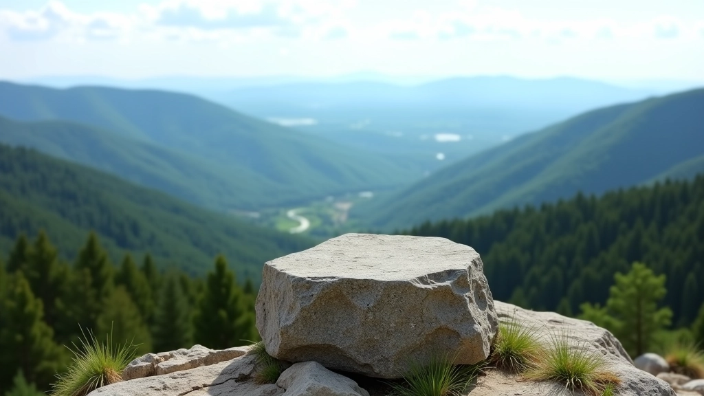 Stone viewpoint marker on exposed ridge with sweeping valley landscape below and forested hills in distance