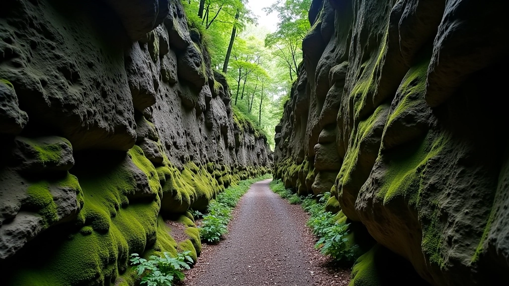 Close-up of narrow rocky canyon pathway with vegetation growing on cliff walls