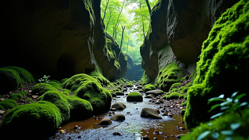 Moss-covered sandstone walls with running water stream in a narrow gorge passage