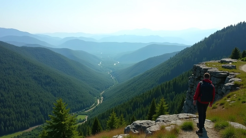 Panoramic vista from highland ridge showing rolling forested hills extending to distant horizon