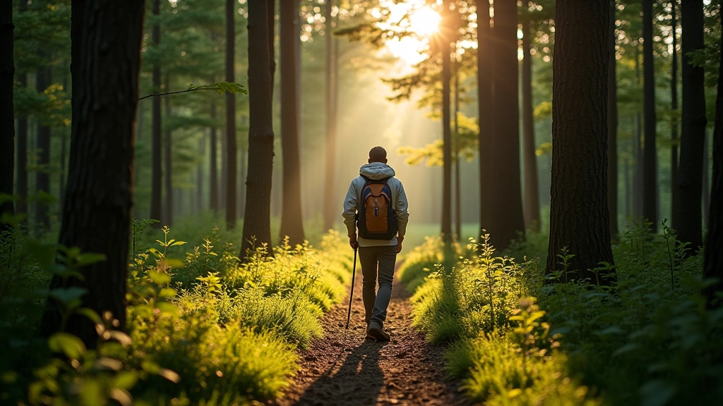 Hiker walking along scenic forest path in Czech protected landscape