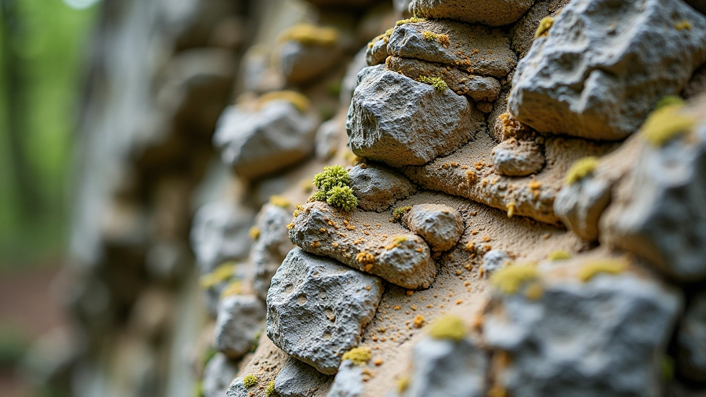 Close-up detail of layered sandstone rock formations with natural weathering patterns and lichen growth