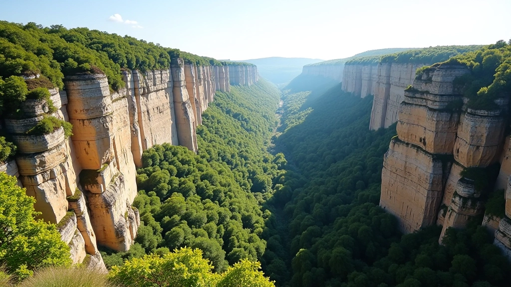 Panoramic view of towering sandstone cliffs with green forest valleys below, Czech landscape